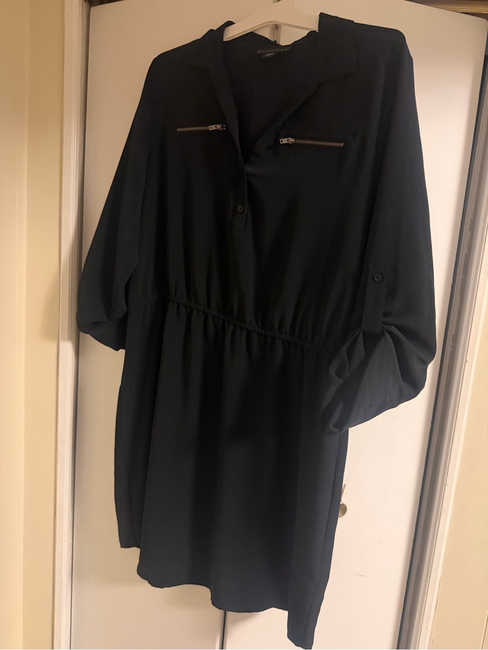 attention Black Long-Sleeve Zip-Pocket Shirt Dress
